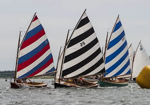 Striped Beetle Cats racing near buoy