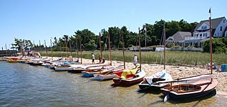 Beetle Cat sailboats lined along beach
